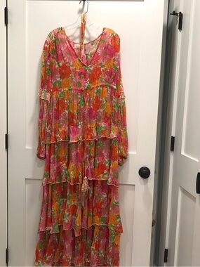 Vibrant Floral Tiered Maxi Dress in Pink & Orange